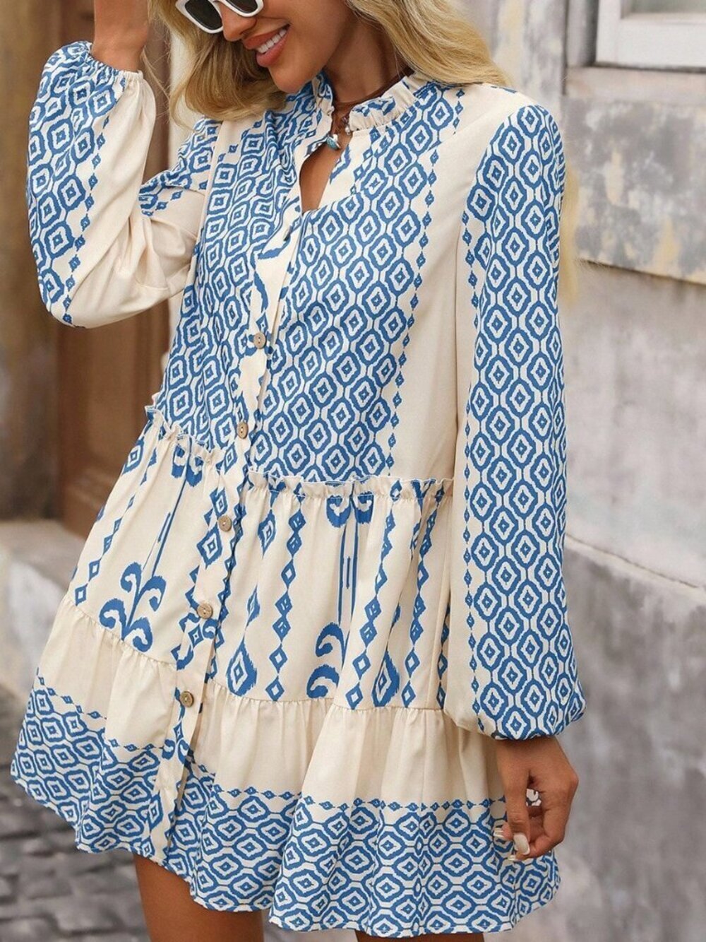 Blue Boho Women's Geometric Lantern Sleeve Frill Trim Mini Dress